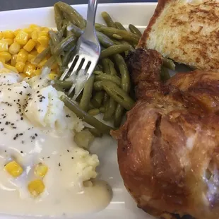 Tuesday&apos;s special: Baked chicken w/ corn, green, mashed taters &amp; gravy and slice of toast. Meh.