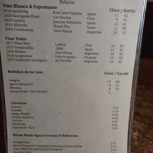 MENU: Bebidas / drinks