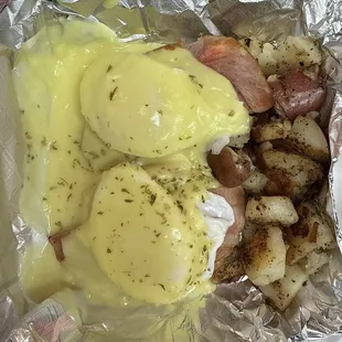 Eggs Benedict with Ham and Potatoes