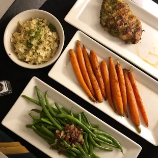 Cauliflower rice, glazed carrots, green beans and grilled chicken