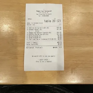 This is our receipt of what we ate! See the name of each dish with numbers! :-0