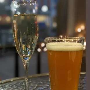 a glass of wine and a glass of champagne