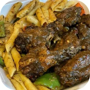 Rasta pasta and jerk wings