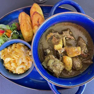 Curry Goat w/ Mac &amp; Cheese and Fried Plantains