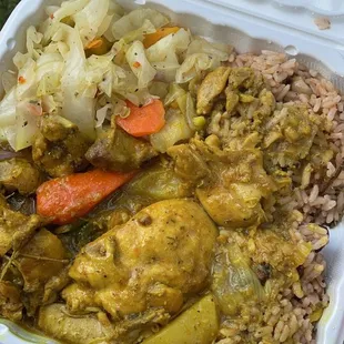 Curry chicken, Rice &apos;N&apos; Peas, cabbage