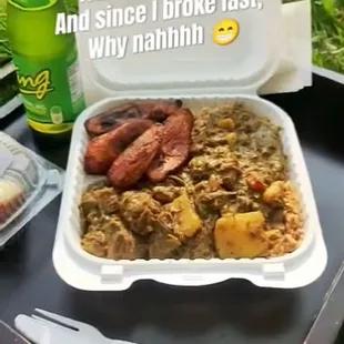 Goat curry platter with plantains, butter rum cake, and Ting grapefruit soda!