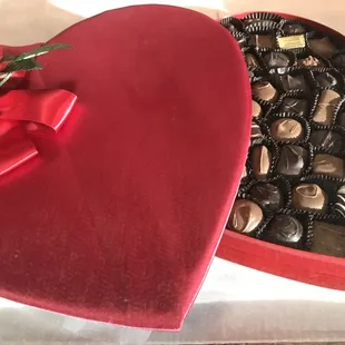 Heart box filled with Regina's chocolates.