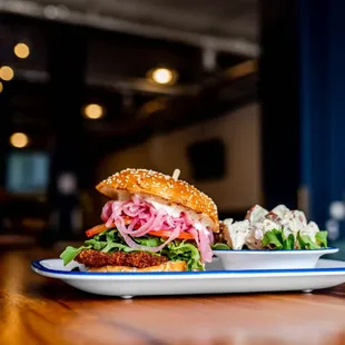 a plate of food on a wooden table