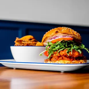 a plate of food on a wooden table