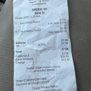 $3.50 per Al Pastor taco, but they are of a generous size