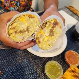 Inside of the bacon egg and cheese burrito