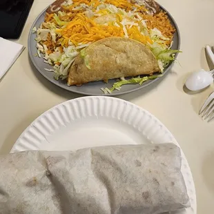 Bean burrito and two taco plate