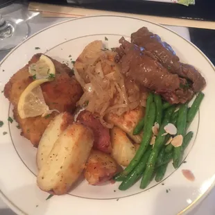 Lemon Chicken, Roast Beef, Pierogies, red skinned potatoes, and green beans