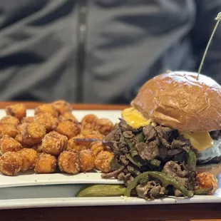 10 oz. Rehab Philly Cheeseburger with sweet potato tots