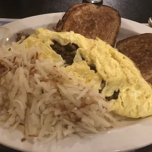 Sausage and cheese omelet with hash browns and toast