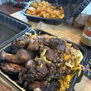 Jerk chicken stew, rice and cabbage