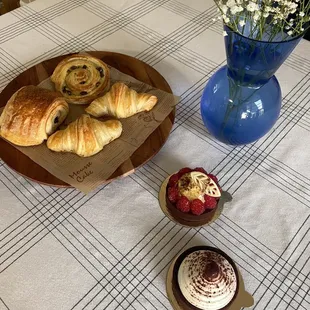 Pain au chocolate, croissants, pain au raisin, Mont Blanc, raspberry tartlette