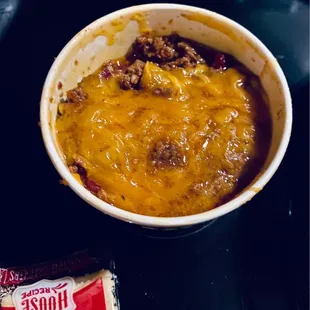Chili w/Cheddar Cheese &amp; Onions (Minus the onions)