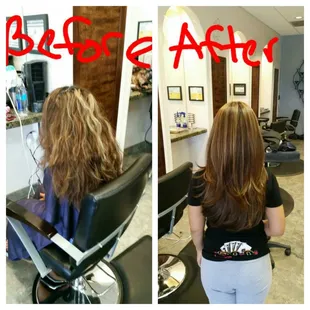 Hair done by Vini. Butterscotch with beige blonde highlights and long layer haircut.