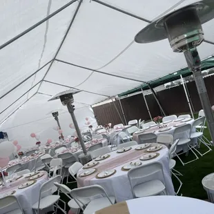 Heaters, tent 20x40, tables, chairs and linens