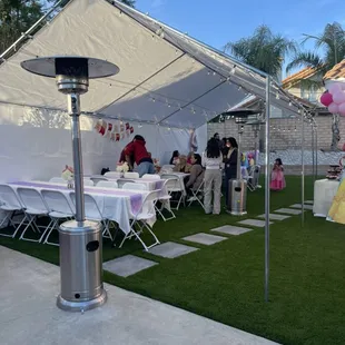 16'x30' Canopy, 6ft tables, chairs, heaters.