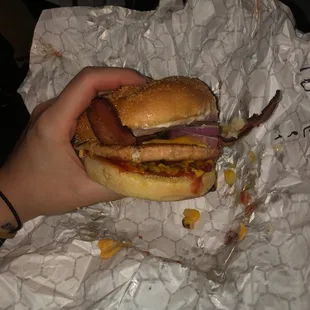 Salmon Burger with bacon egg and cheese