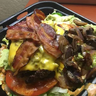 Bacon Cheeseburger Perfection! Found a great deal for Relish on ChompMenus and got one without the bun and a ton of toppings.