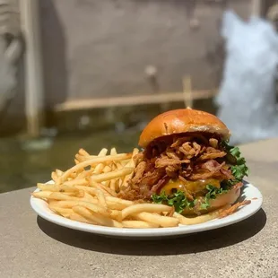 a plate of fries and a burger