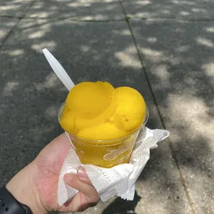 a person holding a cup of ice cream