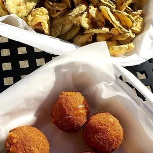 Pickle chips and pimento cheese fritters