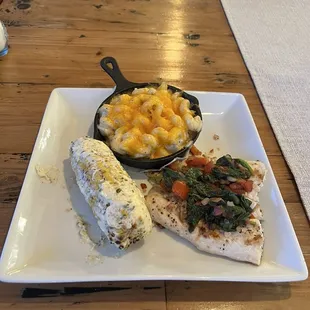 White Fish, Corn and Mac and Cheese