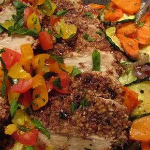 Pecan Crusted Chicken with Vegetable Tian.