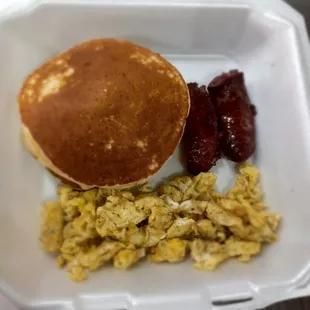 Pancake beef sausage and eggs plater