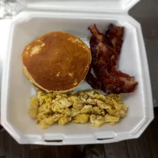 Halal beef bacon pancake and eggs plater