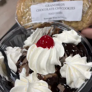 Hot fudge sundae, home made chocolate peanut butter brownie ice cream and homemade cookies