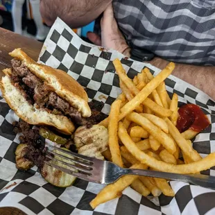 a burger and fries