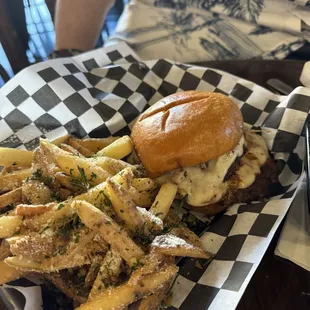 a burger and fries