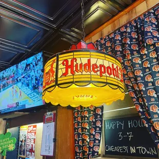 a hanging lamp in a restaurant