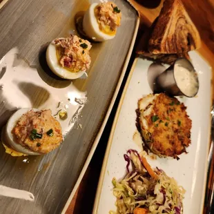 Deviled eggs and crab cake