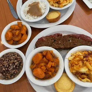 Mama Jo&apos;s Meatloaf Sweet potatoes Steamed Rice w/ gravy Mac and Cheese