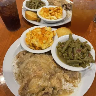 Smothered Pork Chop, Green Beans, Mac and Cheese