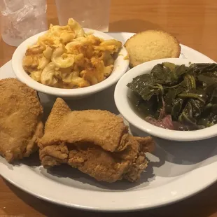 Two piece dark (2 thighs) with collard greens, Mac and cheese and cornbread!