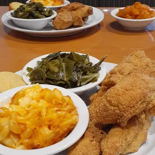 Fried Whiting with collard greens,  macaroni and cheese, cornbread yams