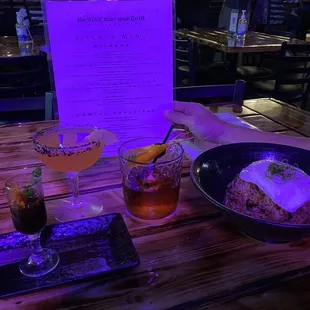 Our order. Hokukelas Smoked Meat Fried Rice with egg. Old fashioned. Pink&amp;Black. Opihi shooter.