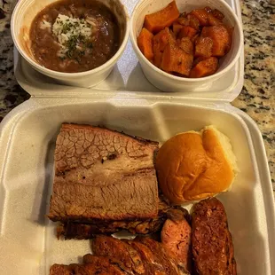 Brisket, sausage, red beans and rice with yams