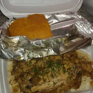 Thursday special - turkey wing plate with rice and cornbread. 2 sides included