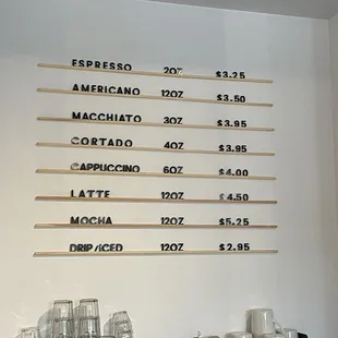 Coffee drink menu