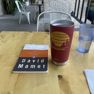 Half-caf Americano in my &quot;almost keeps it hot too long&quot; mug! &amp; a great book by David Mamet, The Used Of The Knife