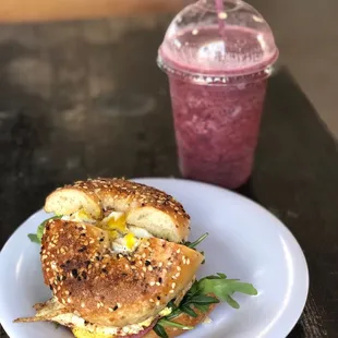 Bagel sandwich and berry moringa smoothie