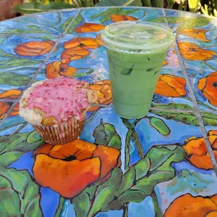 Blueberry matcha with gf raspberry muffin